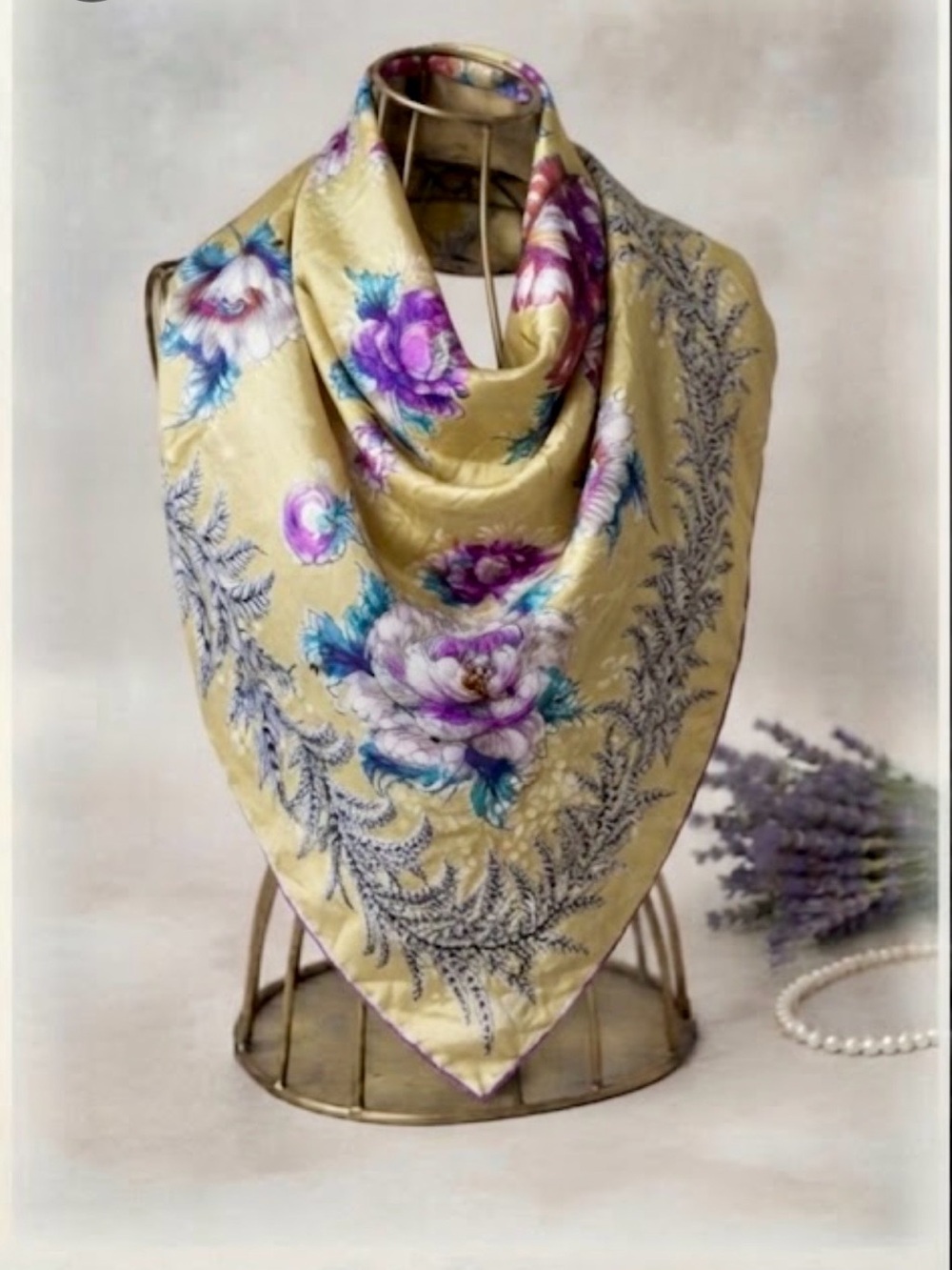 Vintage Yellow Floral Silk Scarf with Purple Border & Hand-Rolled Hem